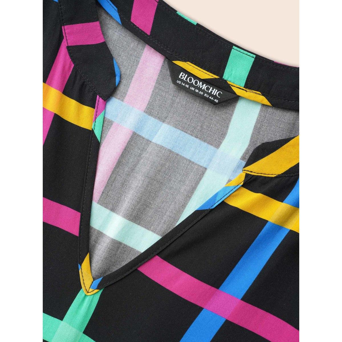 Plus Size Plaid Notched Ruffle Hem Pocket Dress Black Women Casual Contrast Flat collar with V-notch Elbow-length sleeve Curvy BloomChic 22-24/3X Product Image