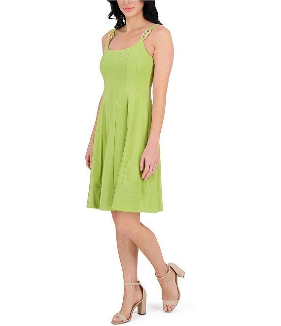 Kensie Square Neck Hardware Straps Seamed Stretch Woven Shift Dress Product Image