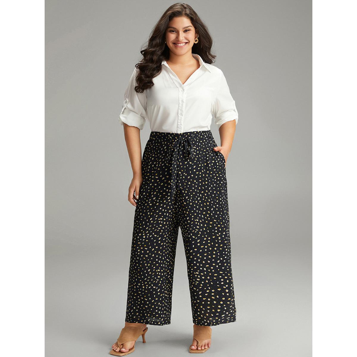 Plus Size Leopard Print Ties Straight Leg Pants Women Black Casual Straight Leg High Rise Everyday Pants BloomChic 26/4X Product Image