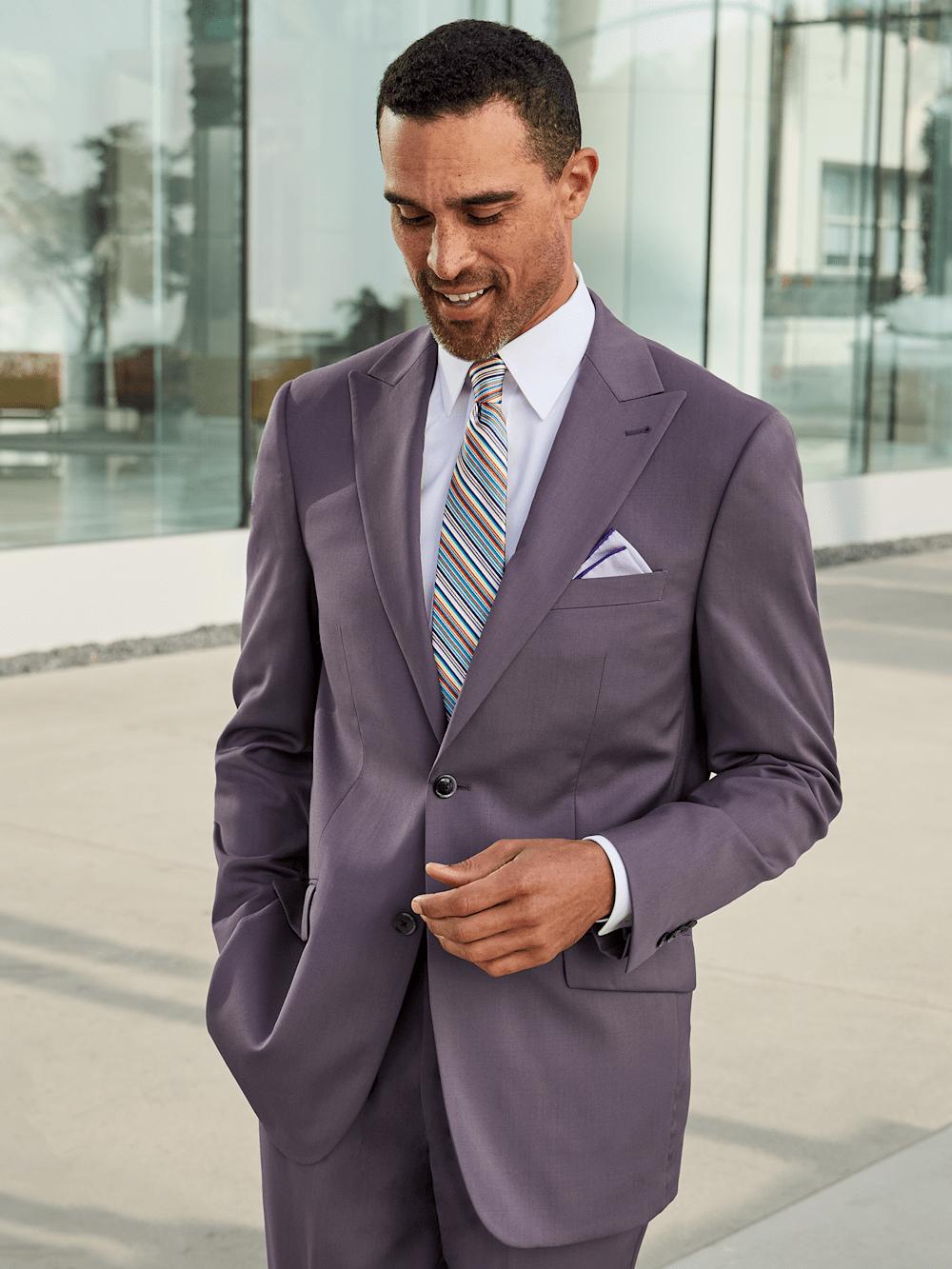 Wool Stretch Single Breasted Peak Lapel Suit Jacket - Slate Purple Product Image