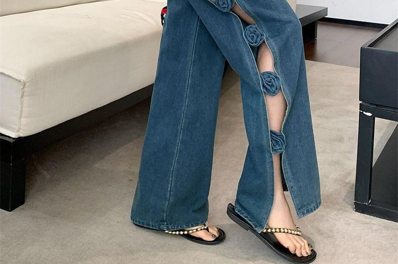 High Waist Washed Flower Detail Wide Leg Jeans Product Image