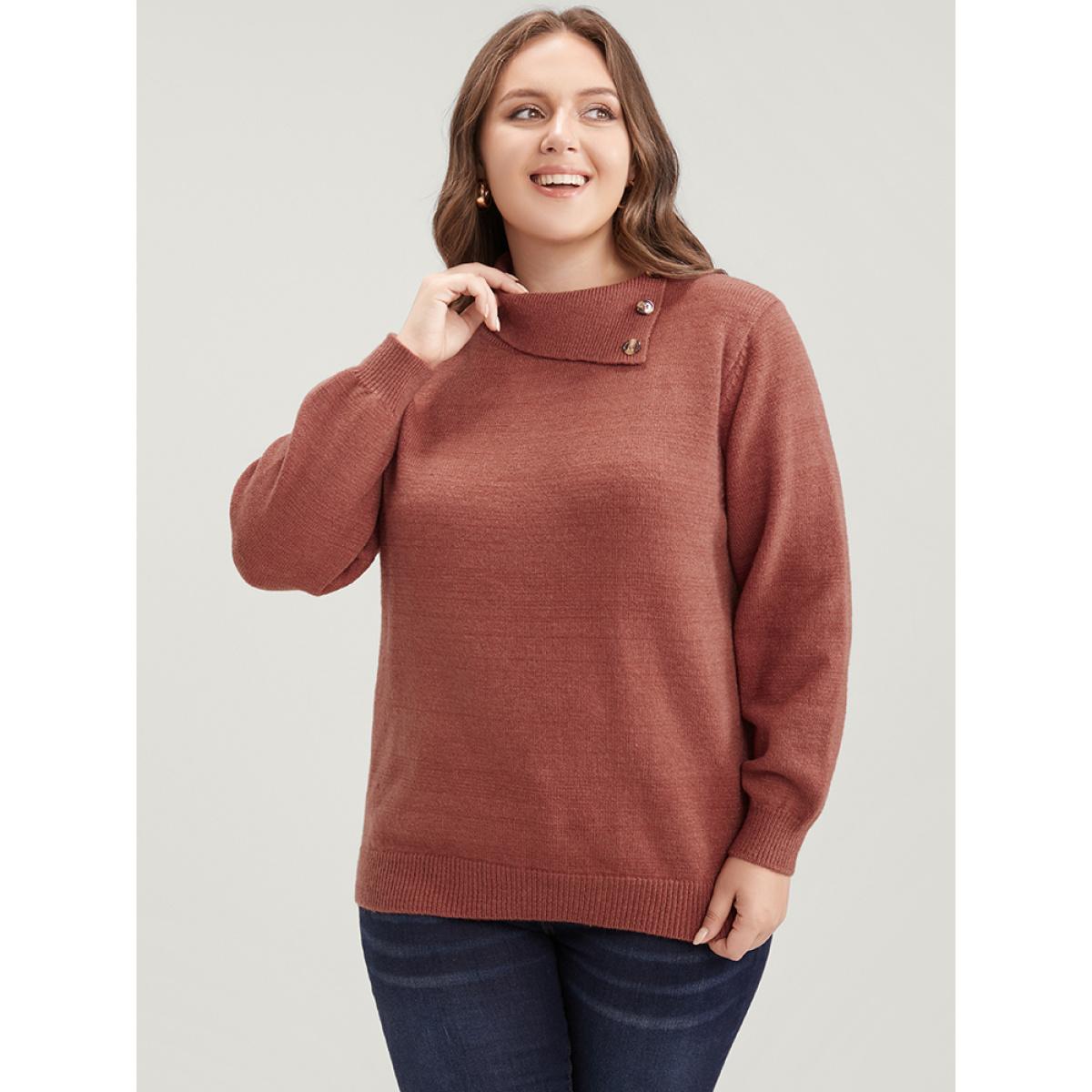 Plus Size Solid Super Soft Plush Knit Button Detail Asymmetrical Knit Top Rust Women Casual Loose Long Sleeve Dailywear Pullovers BloomChic 28/5X Product Image