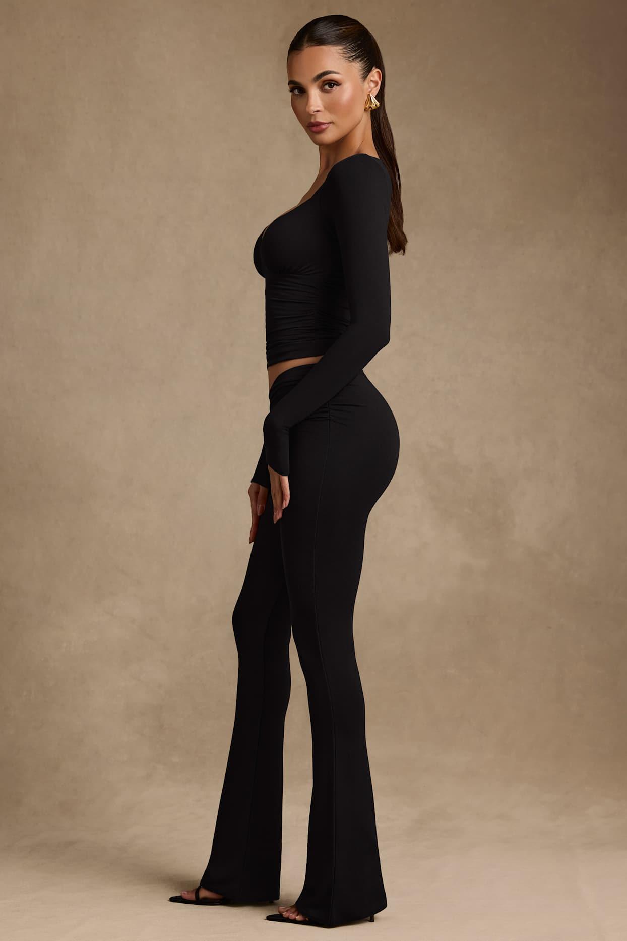 Modal Asymmetric-Waist Flared Trousers in Black Product Image