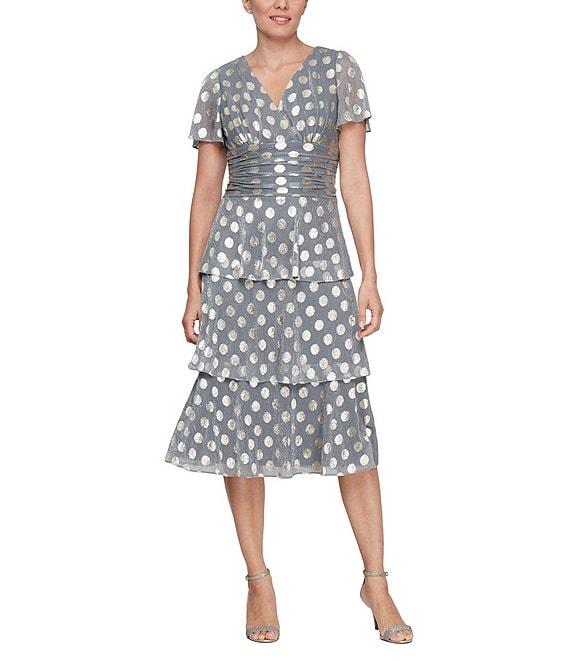 Ignite Evenings Short Flutter Sleeve Cold Shoulder Surplice V-Neck Polka Dot Tier Chiffon Dress Product Image