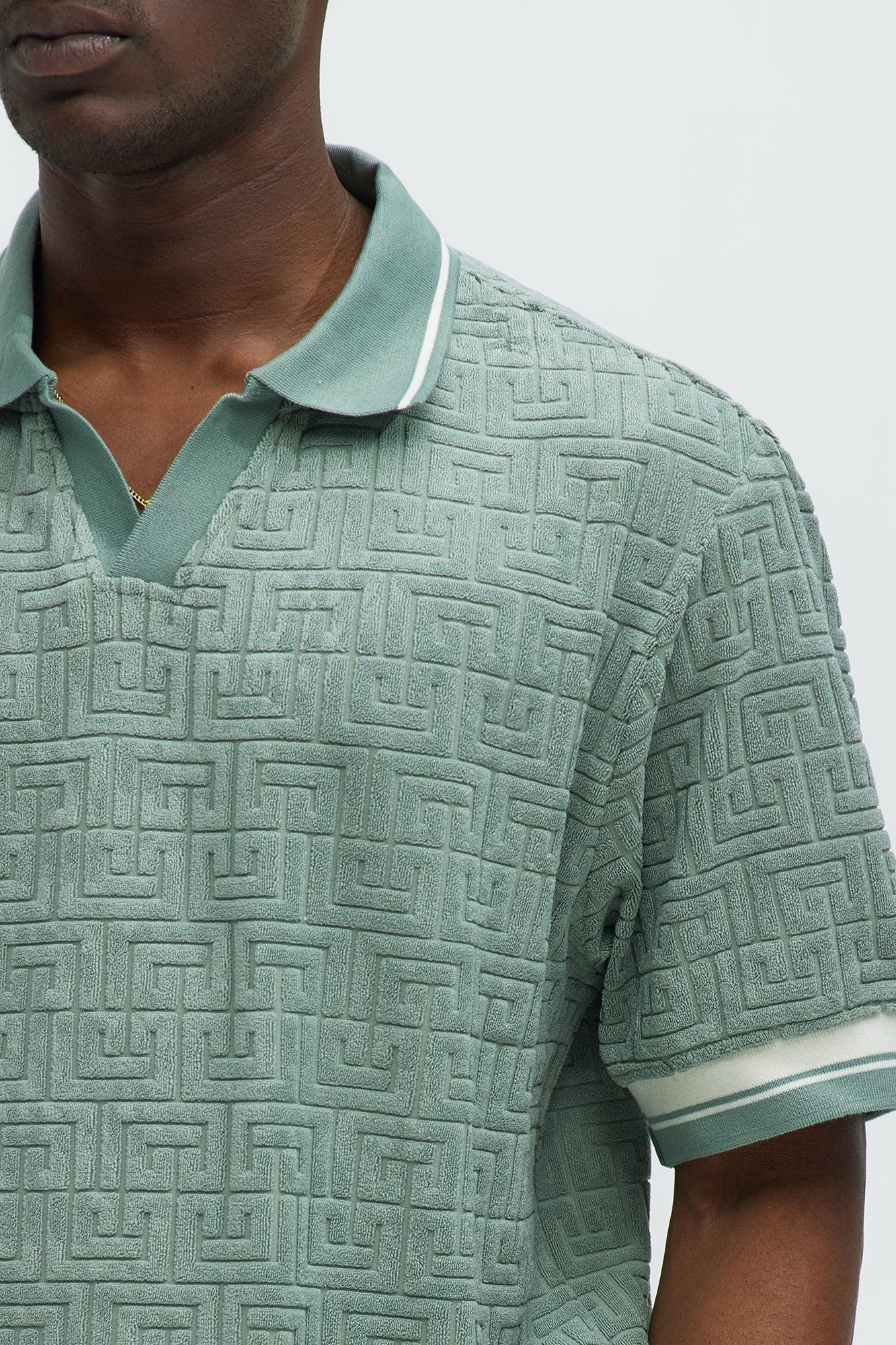 Grecian Textured Johnny Collar Polo Shirt - Sage Product Image