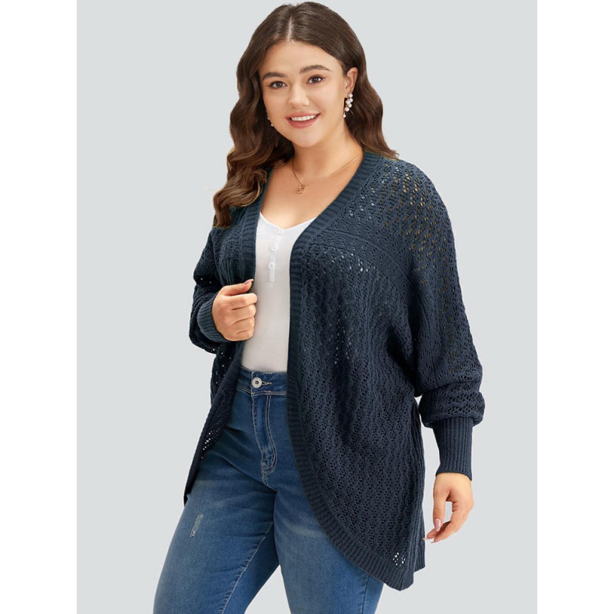 Plus Size Solid Batwing Sleeve Curved Hem Cardigan Indigo Women Casual Loose Long Sleeve Everyday Cardigans BloomChic 12/L Product Image