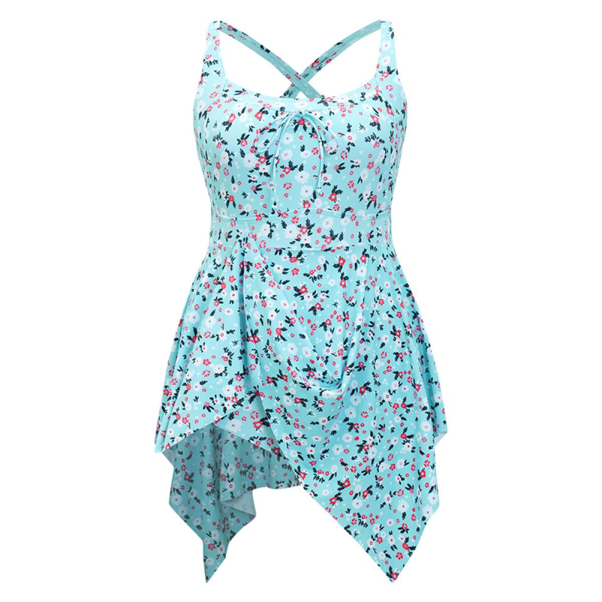 Plus Size Ditsy Floral Knot Front Crossover Hanky Hem Swim Dress Women's Swimwear Turquoise Vacation Bodycon Round Neck High stretch Curve Swim Dresses BloomChic 28/5X Product Image