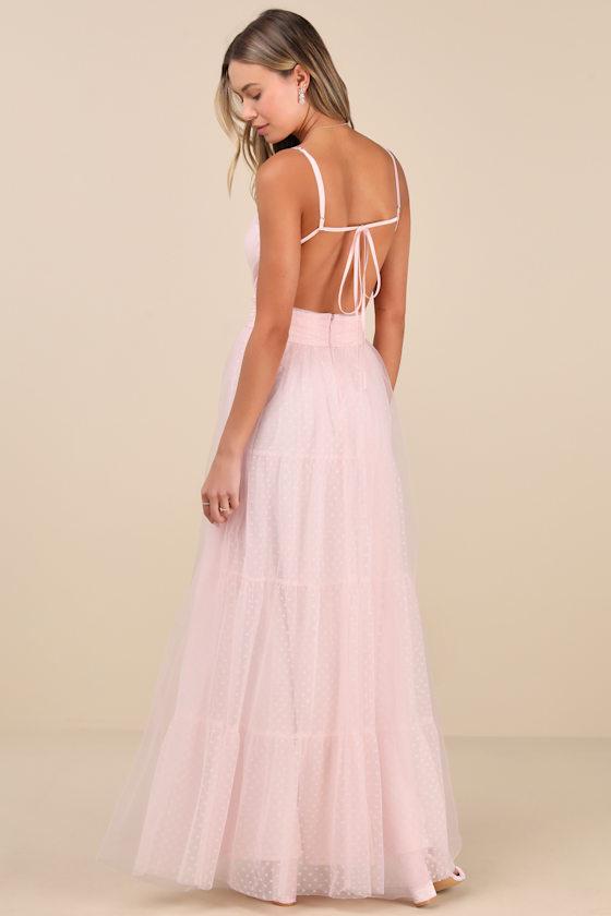 Liana Light Pink Swiss Dot Tulle Maxi Dress Product Image
