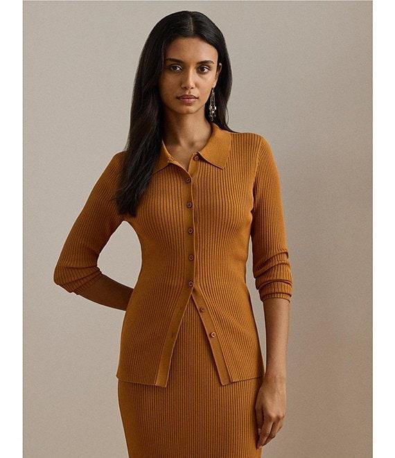 Lauren Ralph Lauren Coordinating Ribbed Knit Point Collar Long Sleeve Polo Top Product Image