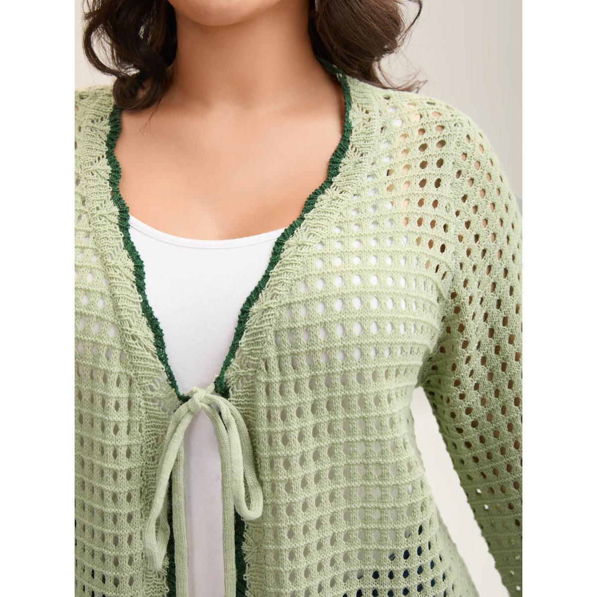 Plus Size Contrast Hem Front Mid Tie Knit Cardigan LightGreen Women Casual Loose Long Sleeve Everyday-Casual Cardigans BloomChic 22-24/3X Product Image