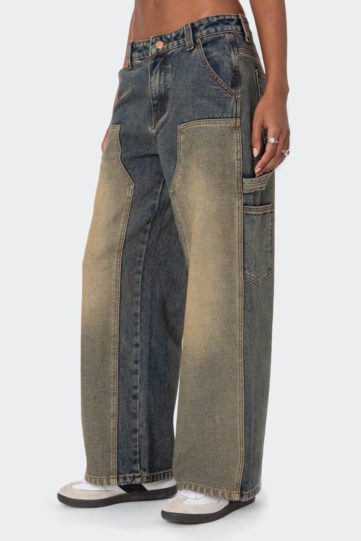 Contrast Panel Washed Mid Rise Baggy Jeans Product Image