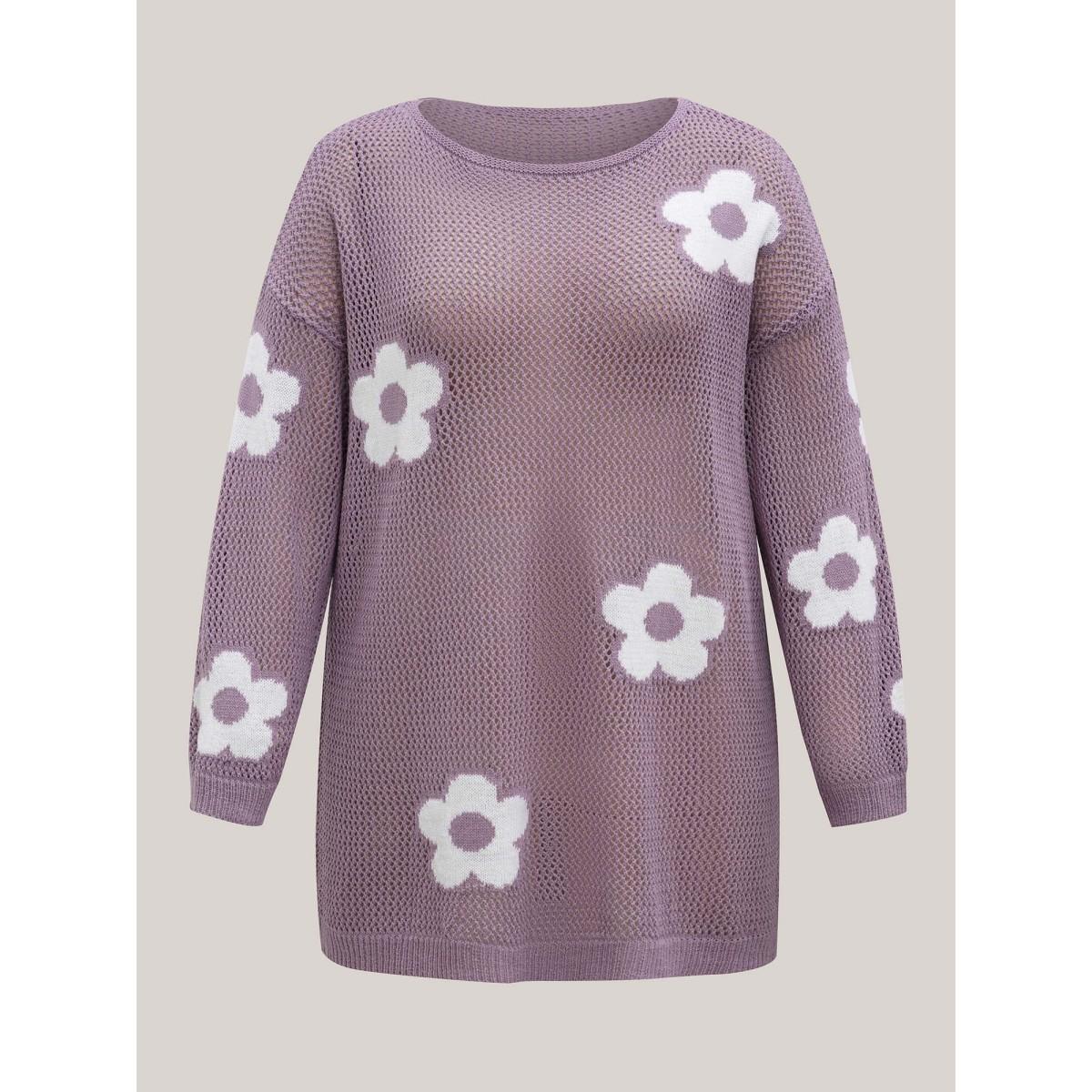 Plus Size Floral Jacquard Cut-Out Ribbed Pullover Mauve Women Beach Loose Long Sleeve Round Neck Vacation Pullovers BloomChic 14-16/1X Product Image