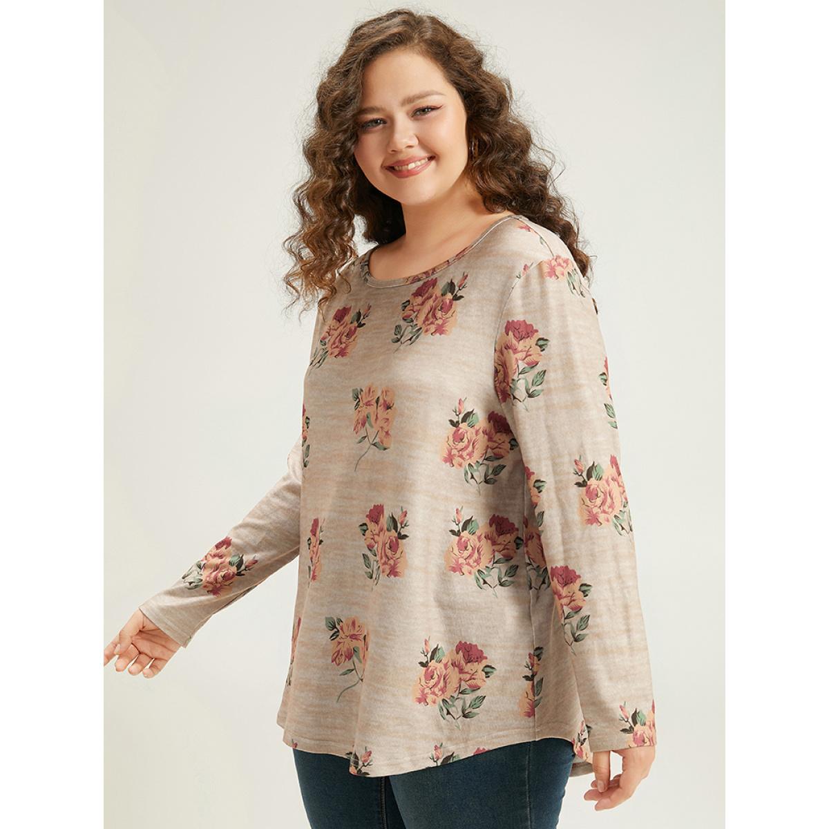 Plus Size Floral Print Crew Neck Heather T-shirt Tan Women Casual Printed Floral Round Neck Dailywear T-shirts BloomChic 10/M Product Image