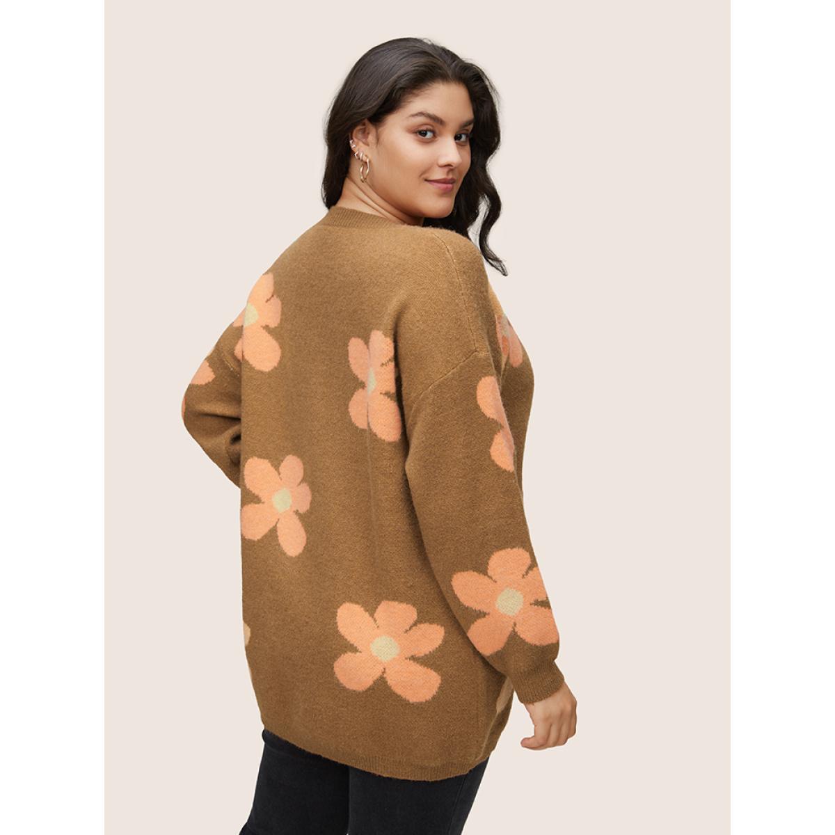 Plus Size Supersoft Essentials Drop Shoulder Floral Jacquard Pullover Chocolate Women Casual Loose Long Sleeve Round Neck Dailywear Pullovers BloomChic 18-20/2X Product Image