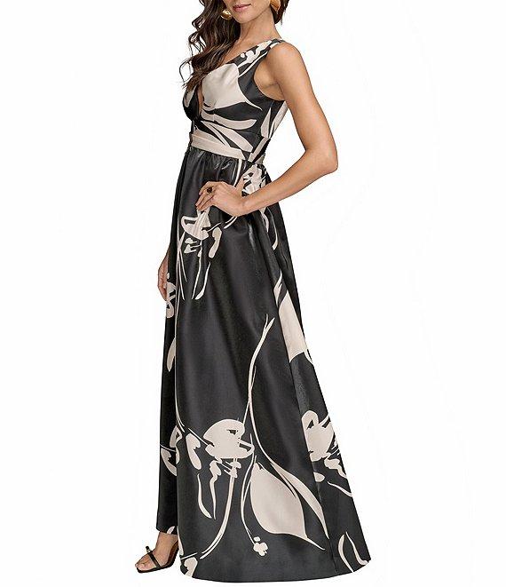 Donna Karan Sleeveless Floral Print V-Neck Ball Gown Product Image