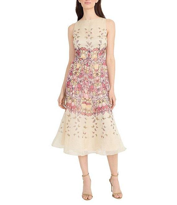 Maggy London Illusion Boat Neck Sleeveless Butterfly Printed Organza Trumpet Midi Dress Product Image