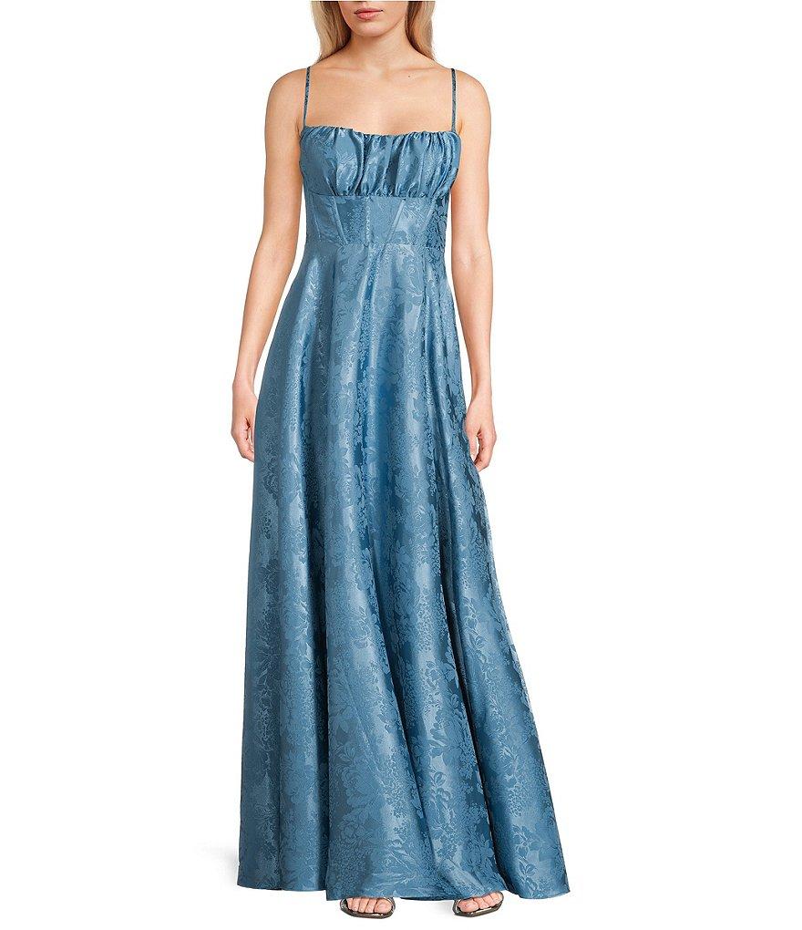 B. Darlin Floral Print Square Neck Spaghetti Strap Front Slit A-Line Dress Product Image