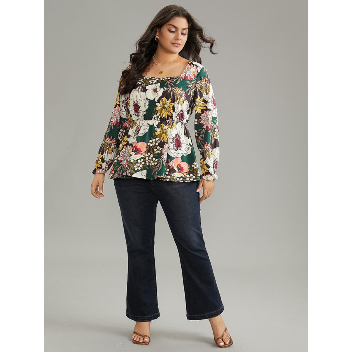Plus Size DarkGreen Floral Square Neck Gathered Lantern Sleeve Blouse Women Elegant Long Sleeve Square Neck Vacation Blouses BloomChic 26/4X Product Image