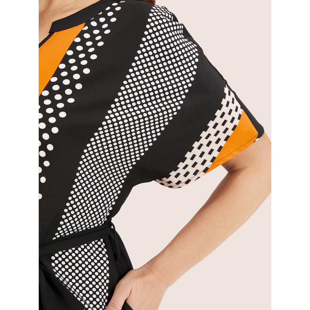 Plus Size Striped Patchwork Arc Hem Pocket Batwing Sleeve Belt Dress Black Women Resort Non Notched collar Short sleeve Curvy Midi Dress BloomChic 14-16/1X Product Image