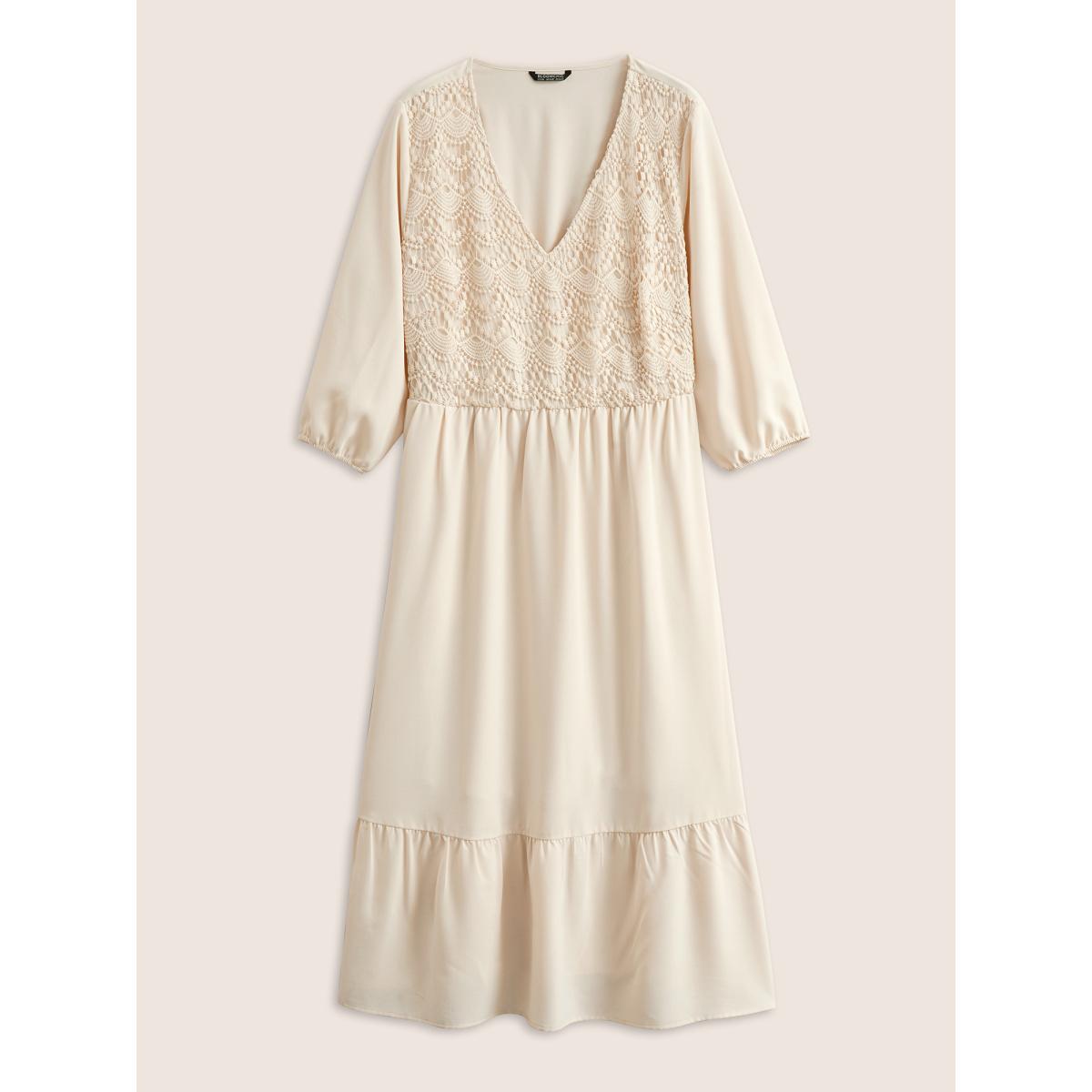 Plus Size Guipure Lace Lantern Sleeve Elastic Waist Dress Apricot Women Resort Non V-neck Elbow-length sleeve Curvy Midi Dress BloomChic 30/6X Product Image