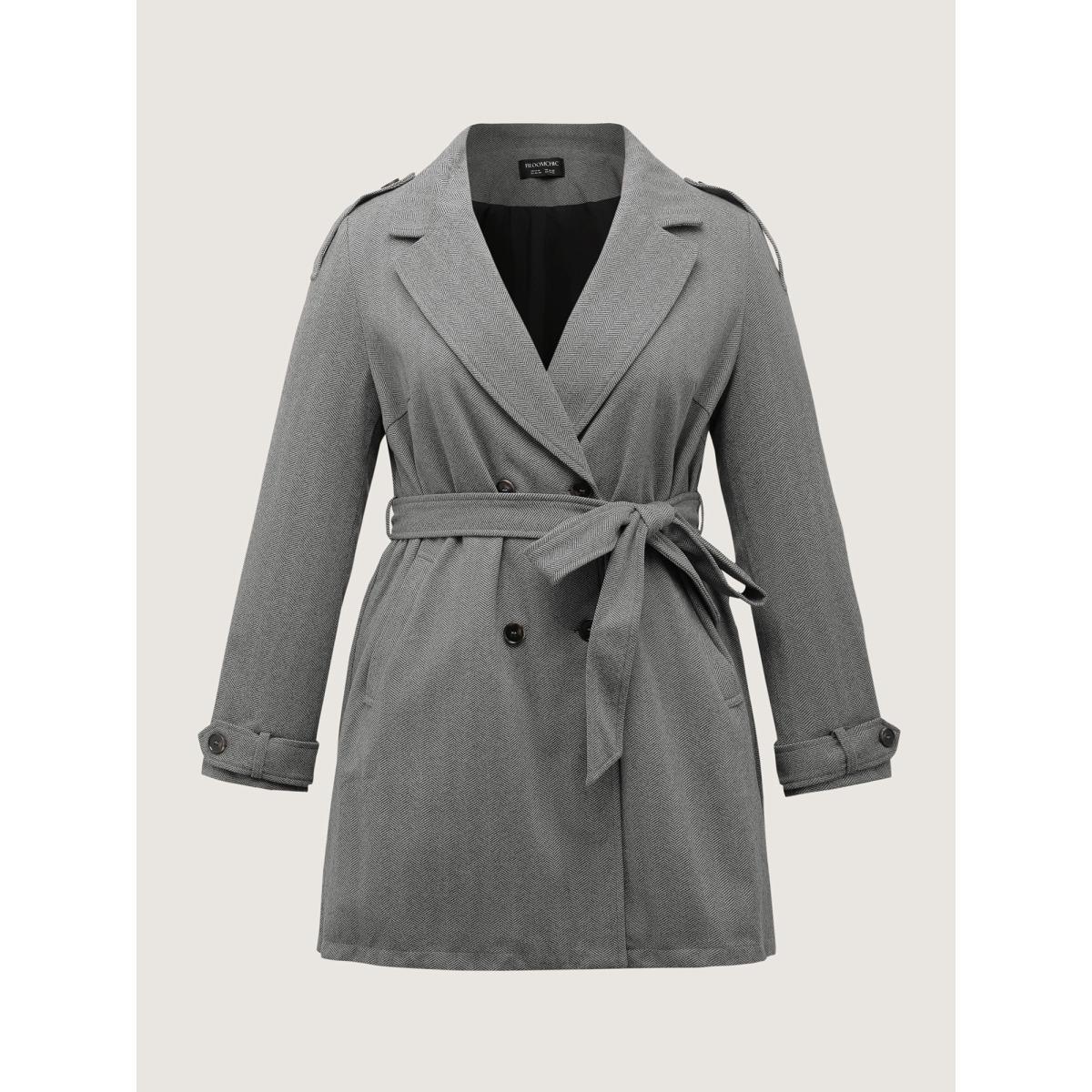 Plus Size Herringbone Button Belted Lined Coat Women DimGray Office Button Ladies Office Winter Coats BloomChic 30/6X Product Image