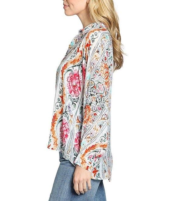 APNY Woven Printed V-Neck Half Placket Long Sleeve Blouse Product Image