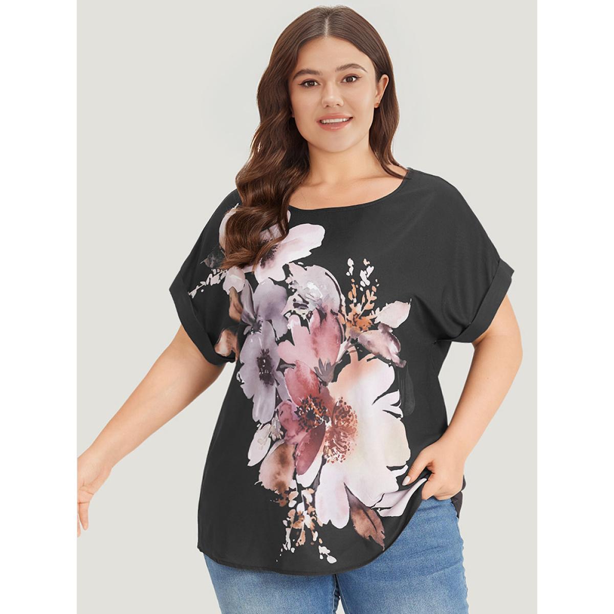 Plus Size Black Floral Print Crew Neck Roll Dolman Sleeve Blouse Women Elegant Short sleeve Round Neck Dailywear Blouses BloomChic 22-24/3X Product Image