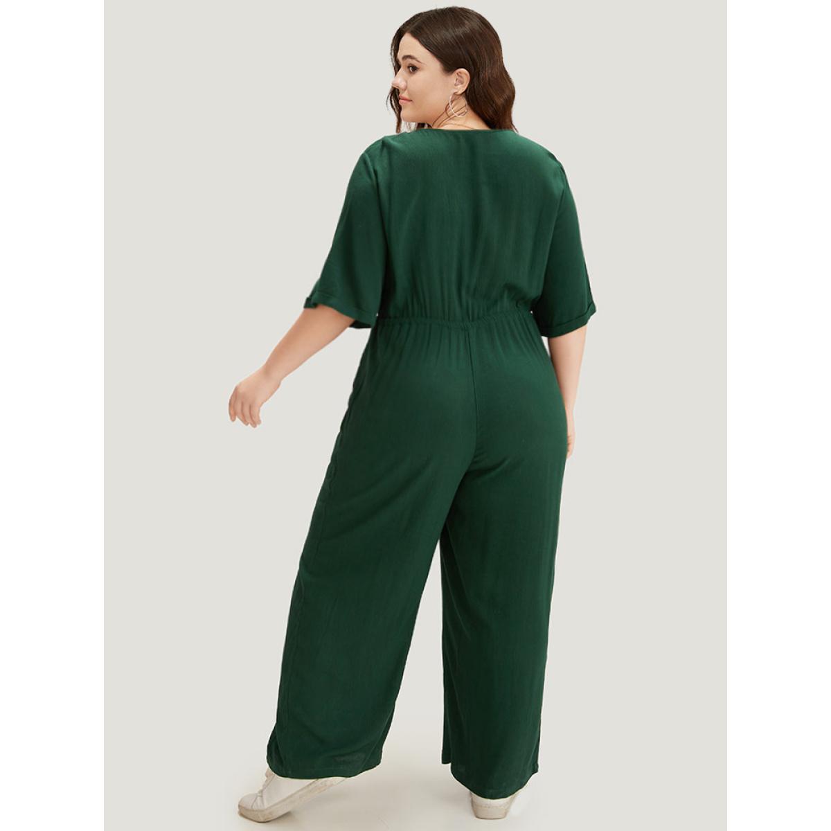 Plus Size Cyan Plain Textured V Neck Pocket Button Through Drawstring Jumpsuit Women Casual Half Sleeve V-neck Dailywear Loose Jumpsuits BloomChic 14-16/1X Product Image