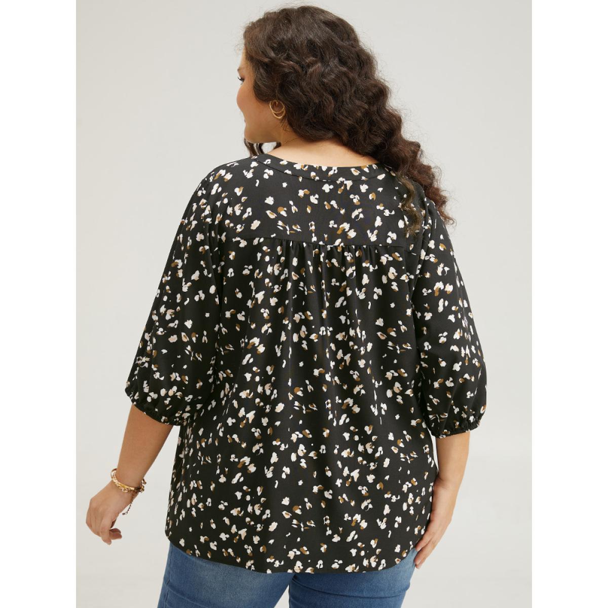 Plus Size Black Allover Print Notched Lantern Sleeve Blouse Women Elegant Half Sleeve V-neck Dailywear Blouses BloomChic 12/L Product Image