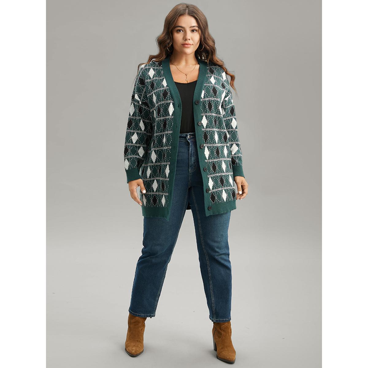 Plus Size Supersoft Essentials Christmas Contrast Geometric Cardigan DarkGreen Women Casual Loose Long Sleeve Festival-Christmas Cardigans BloomChic 18-20/2X Product Image