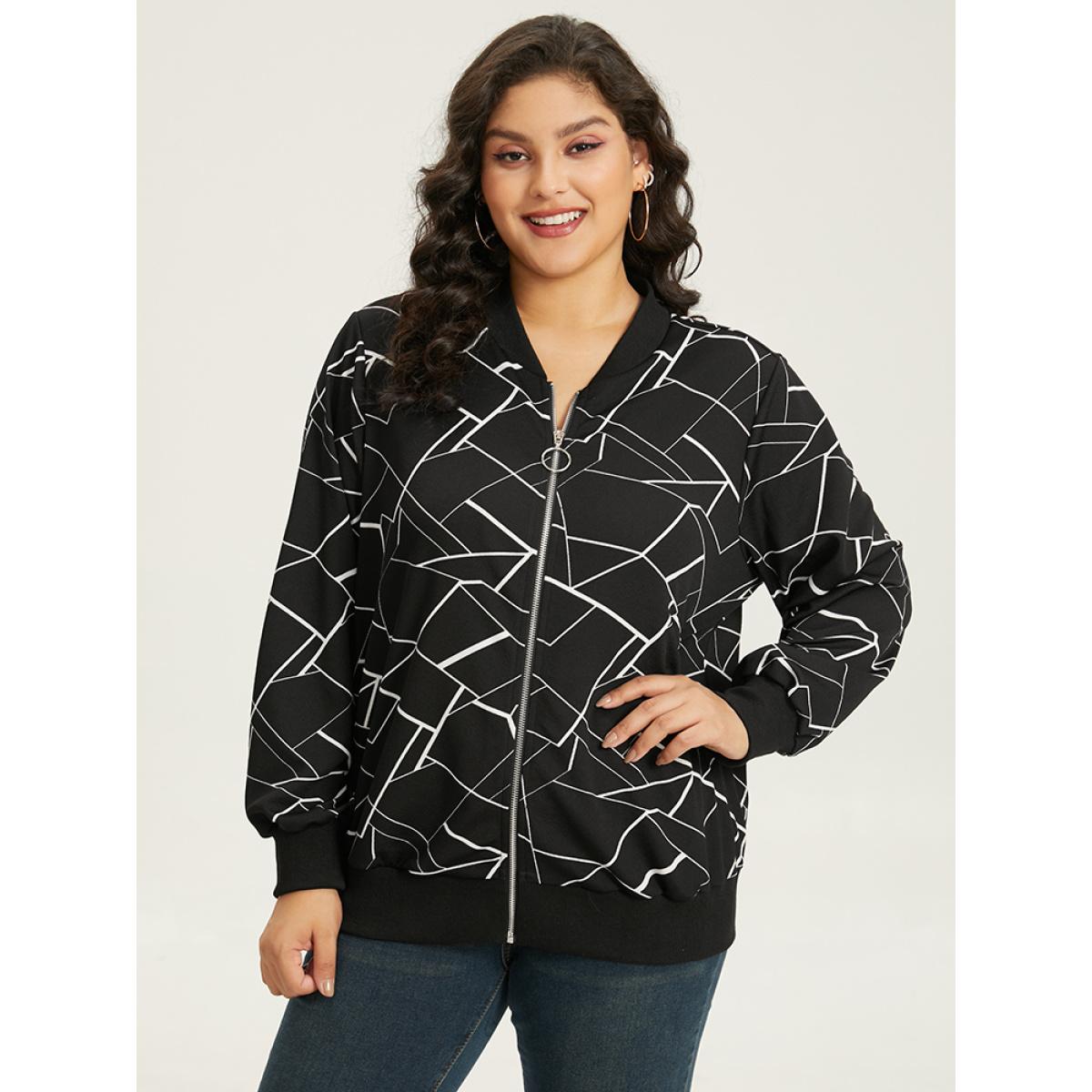 Plus Size Halloween Geometric Graphic Pocket Zipper Elastic Cuffs Jacket Women Black Elastic cuffs Pocket Dailywear Jackets BloomChic 14-16/1X Product Image