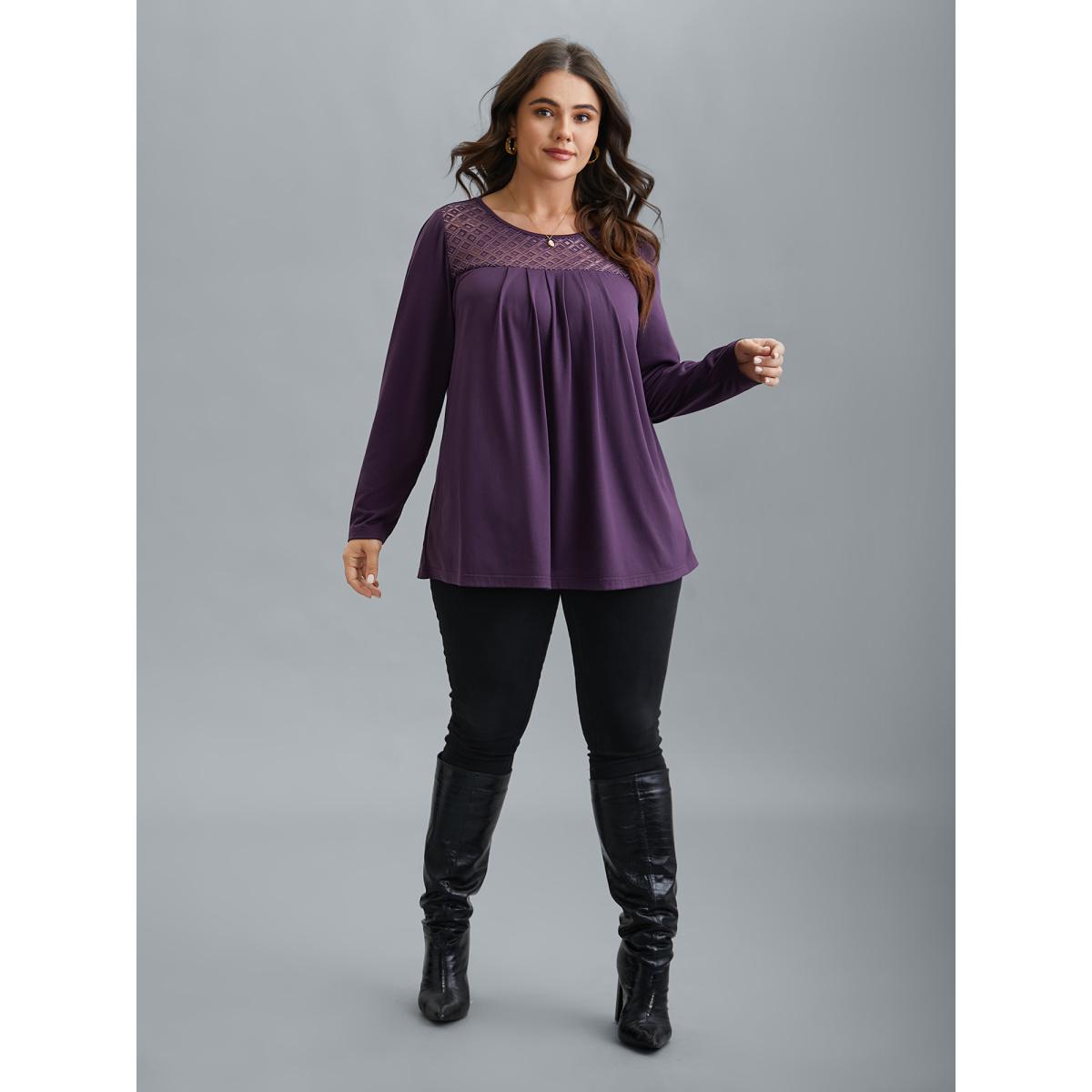 Plus Size Crew Neck Lace Detail Pleated T-Shirt Eggplant Women Elegant See through Round Neck Everyday T-shirts BloomChic 14-16/1X Product Image