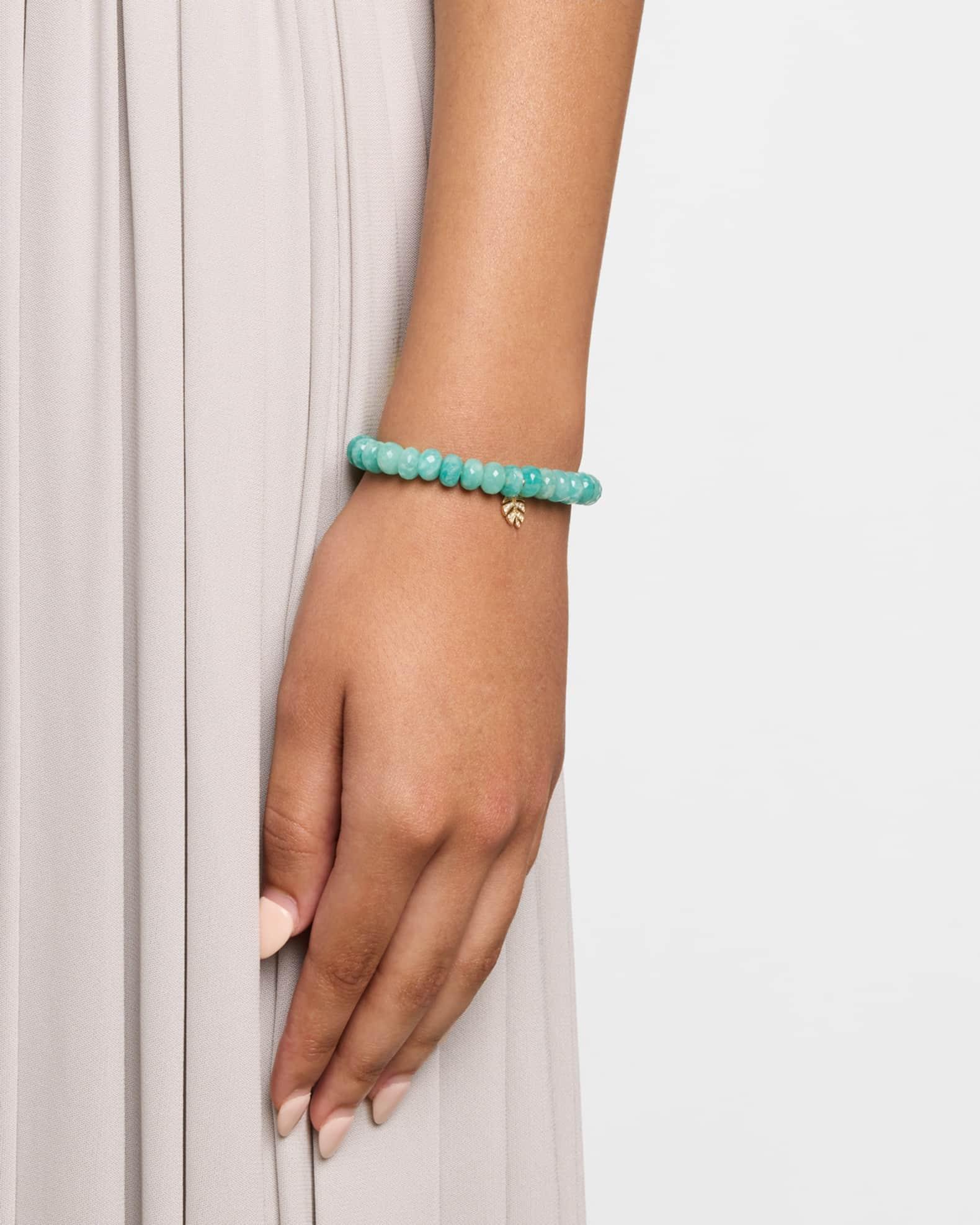 14K Gold Diamond Pave Leaf Charm Amazonite Beaded Bracelet Product Image
