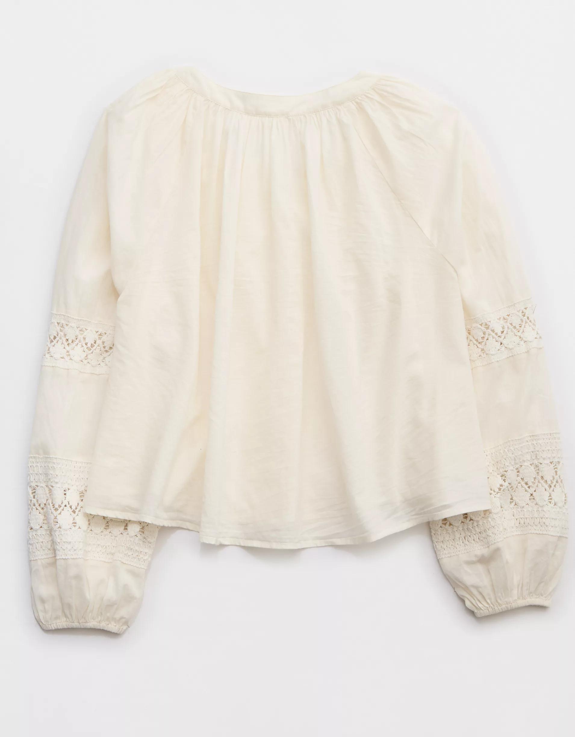 Aerie Long Sleeve Crochet Button Down Shirt Product Image