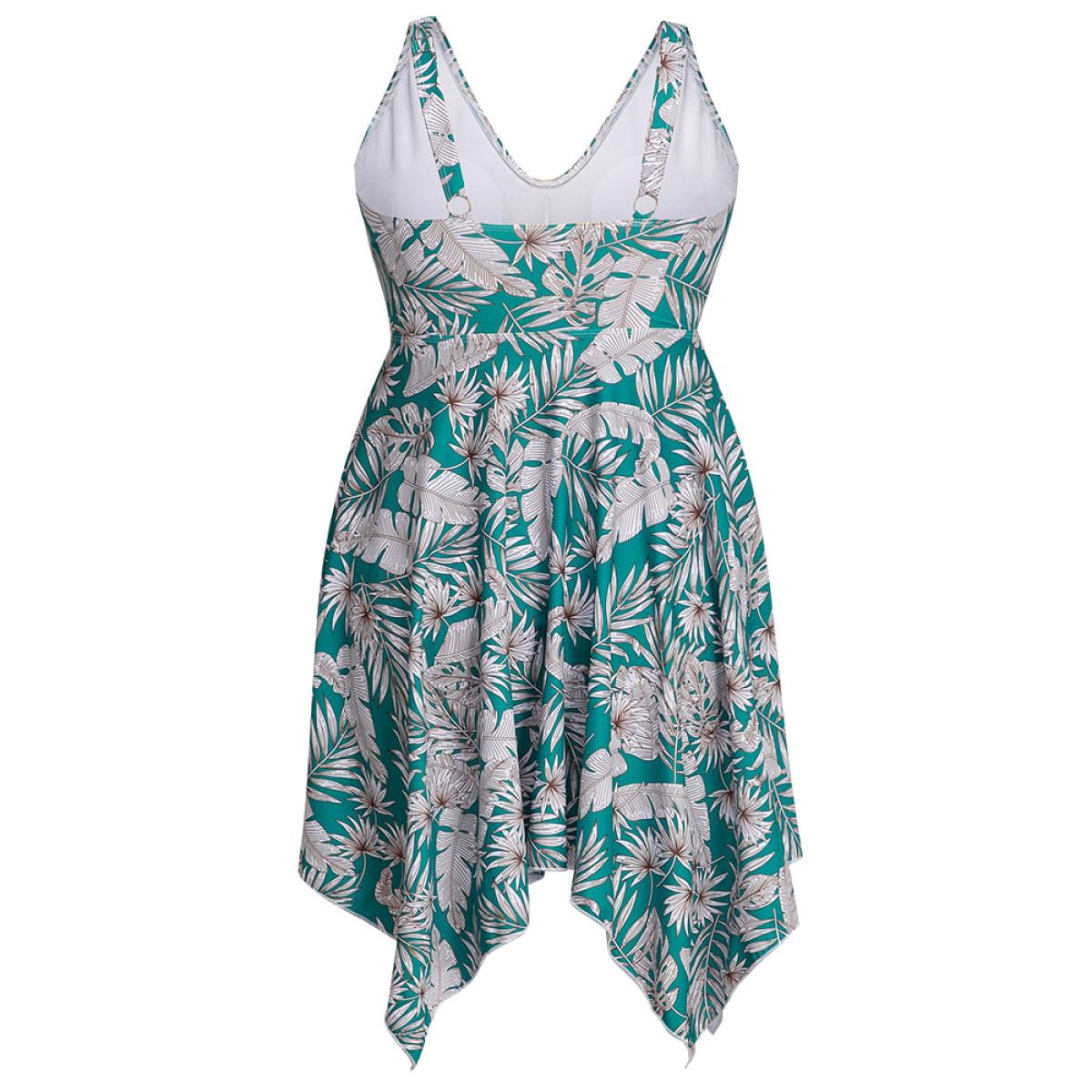 Plus Size Plant Print Adjustable Straps Hanky Hem Tankini Top Women's Swimwear Mint Vacation Adjustable Straps High stretch Bodycon V-neck Curve Swim Tops BloomChic 12/L Product Image