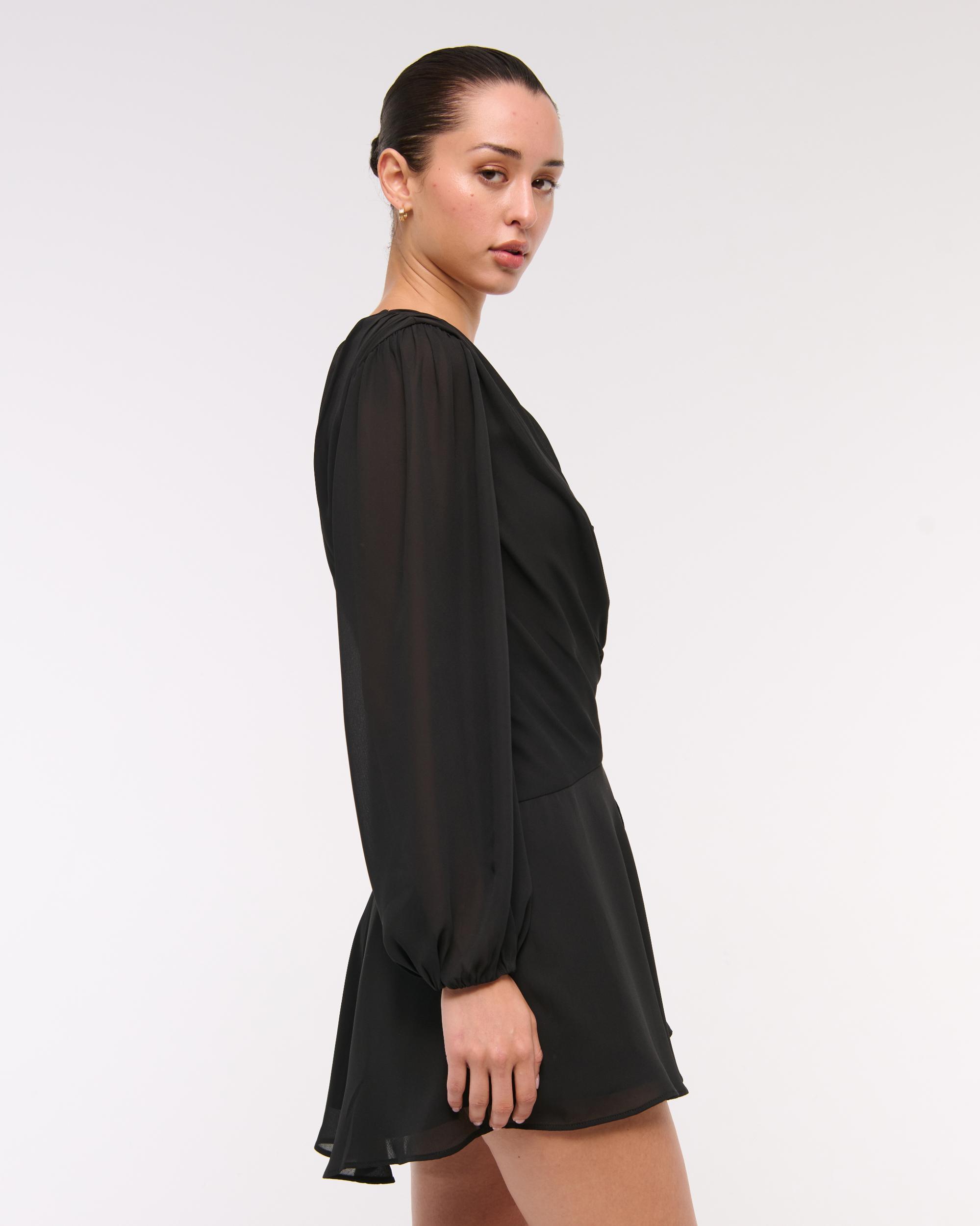 Long-Sleeve Draped Wrap Mini Dress Product Image