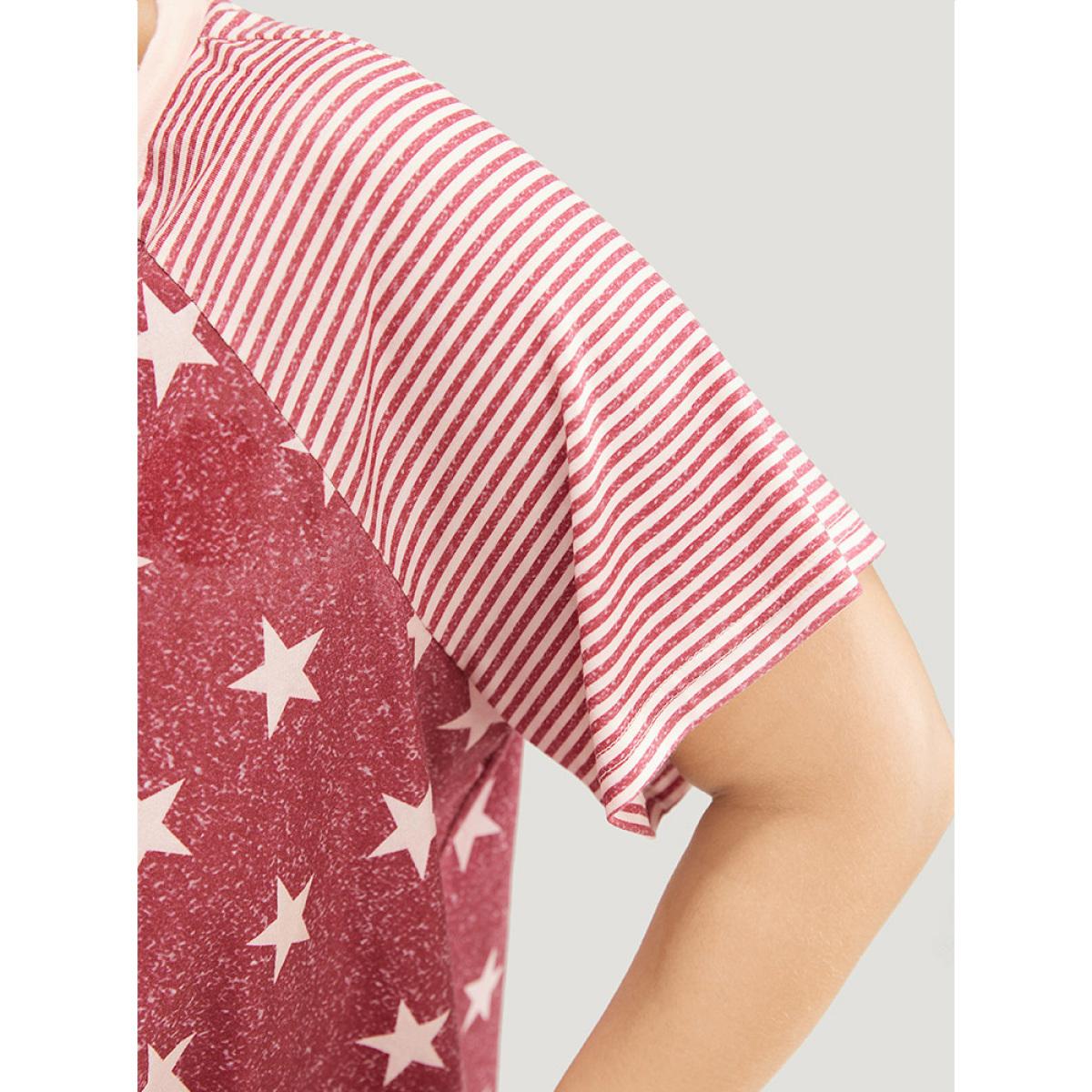Plus Size Star Patchwork Striped Raglan Sleeve T-shirt Russet Women Casual Moon and Star Round Neck Dailywear T-shirts BloomChic 26/4X Product Image