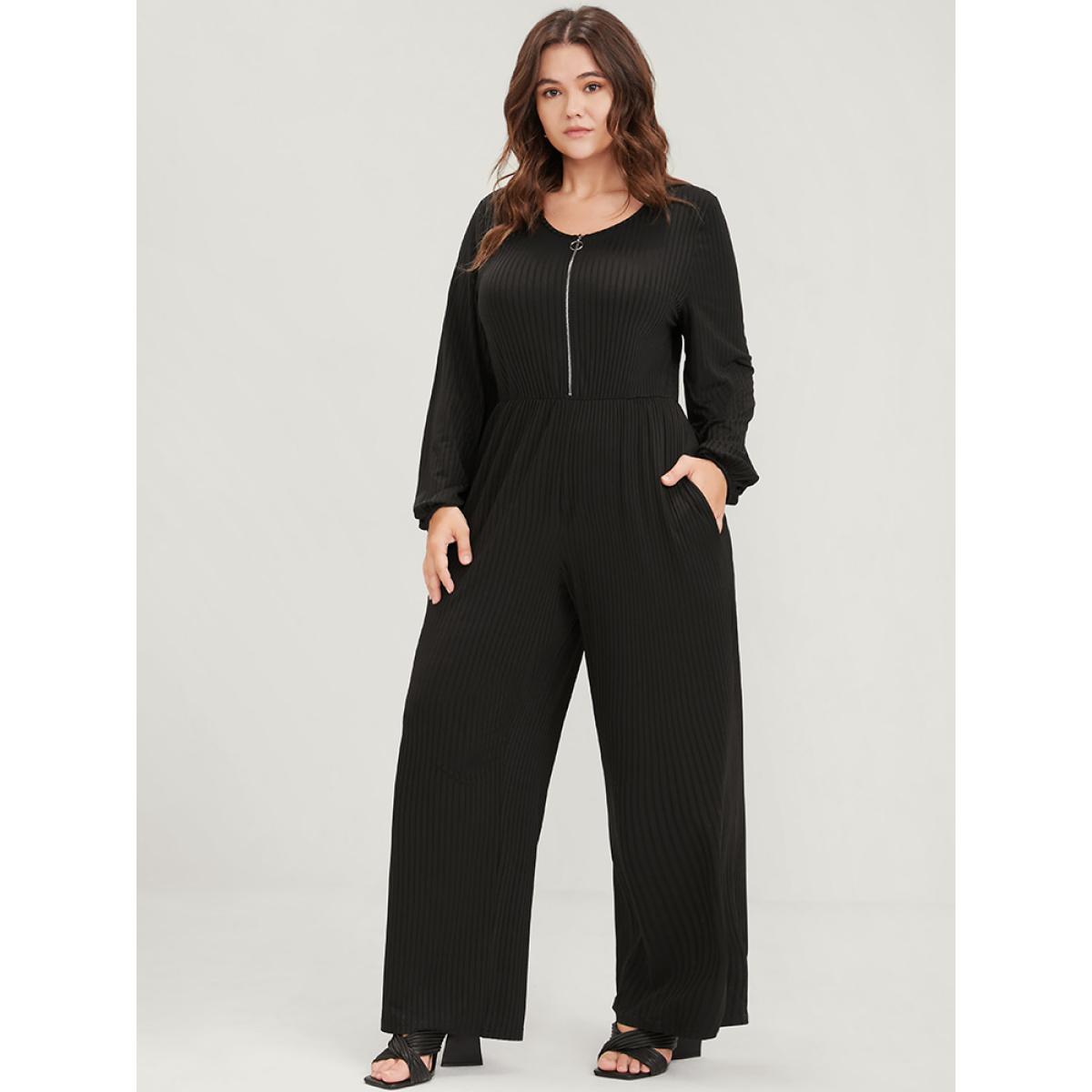 Plus Size Black Plain Zipper Half Lantern Sleeve Pocket Rib Knit Jumpsuit Women Office Long Sleeve Round Neck Work Loose Jumpsuits BloomChic 28/5X Product Image