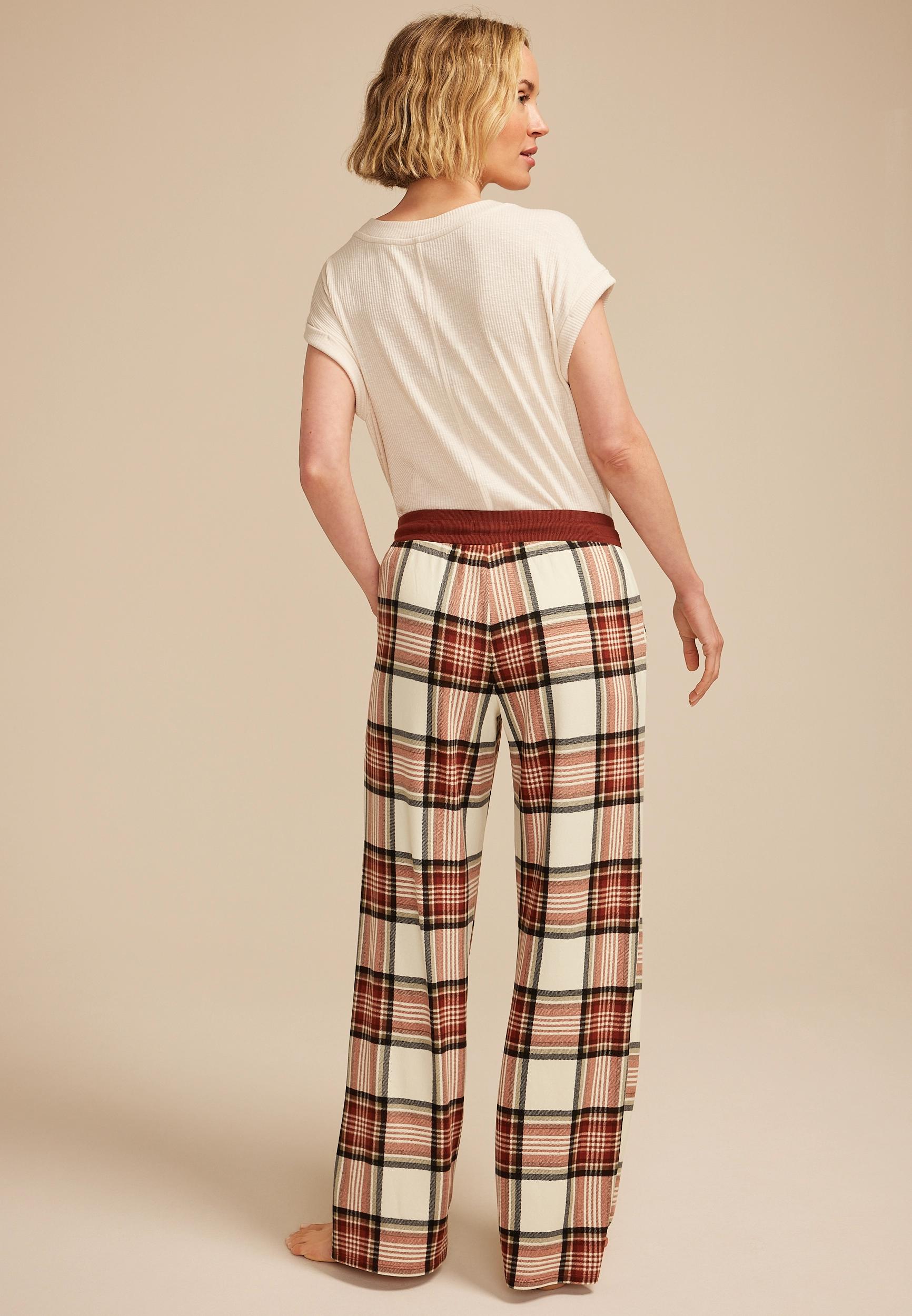 Burgundy Plaid Wide Leg Pajama Pants Product Image