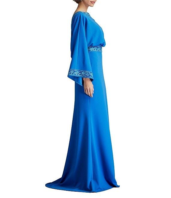 Tadashi Shoji Crepe Embroidered Trim Boat Neck Dolman Long Sleeve Deep Cowl Back Gown Product Image