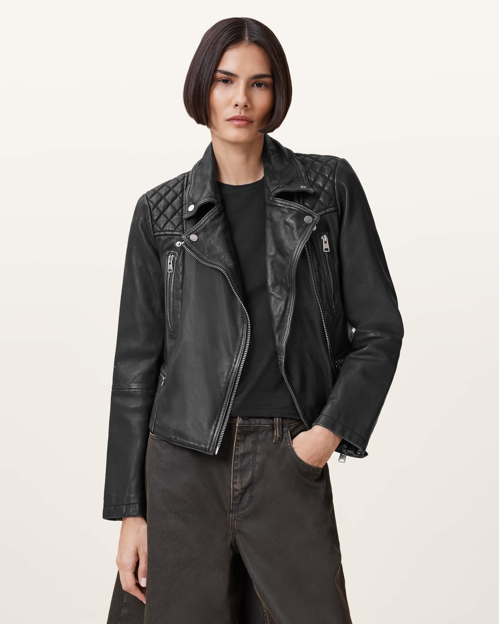 Cargo Distressed Leather Biker Jacket Black/Grey | ALLSAINTS US Product Image