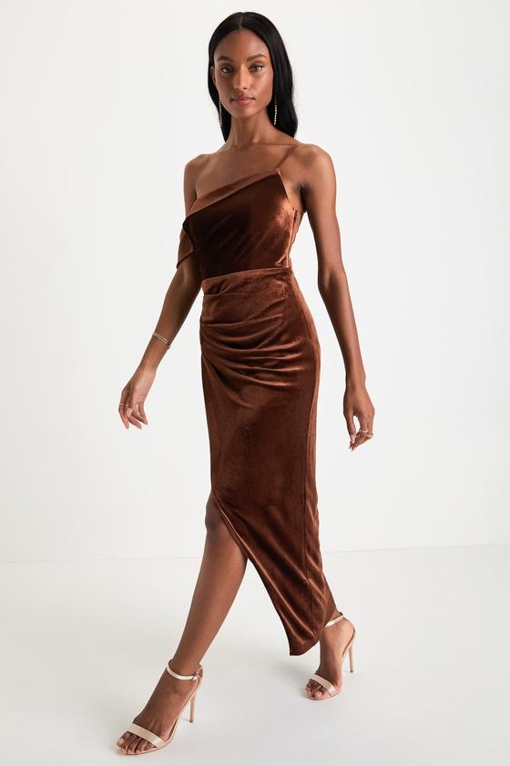 Showing Off a Little Brown Velvet Asymmetrical Tulip Midi Dress Product Image