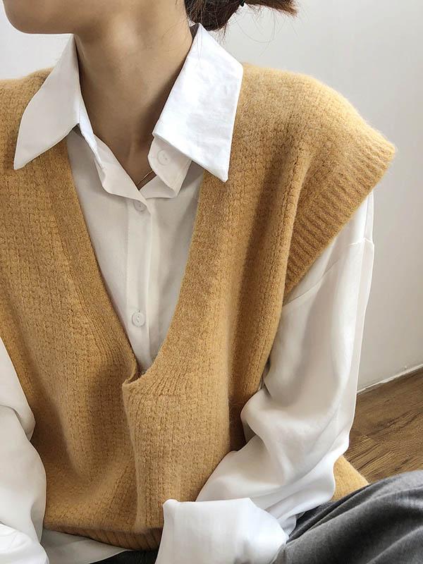 Knitting Irregularity Solid V-Neck Vest Product Image