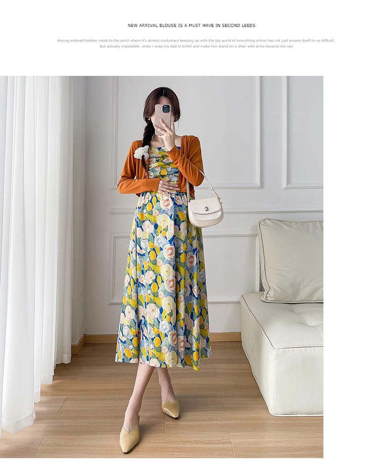Maternity Spaghetti Strap Floral Midi A-Line Dress / Plain Cardigan / Set Product Image