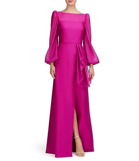 Kay Unger Sydney Illusion Boat Neck V-Back Textured Organza Bishop Sleeve Gown Product Image