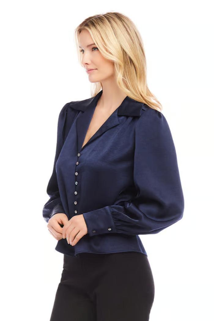 Shirred Satin Blouse - Navy Product Image