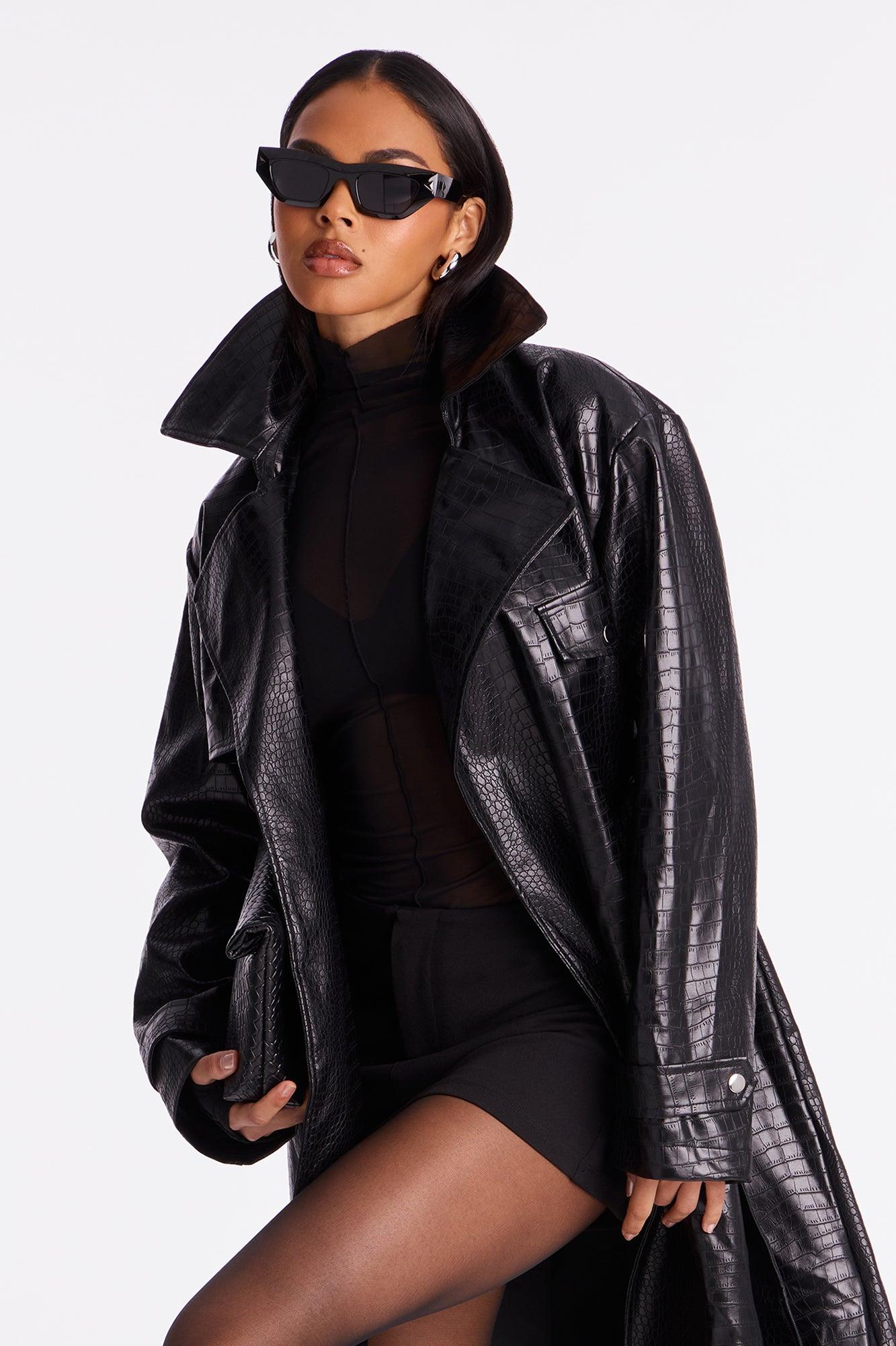 Noah Croc Faux Leather Trench Coat - Black Female Product Image