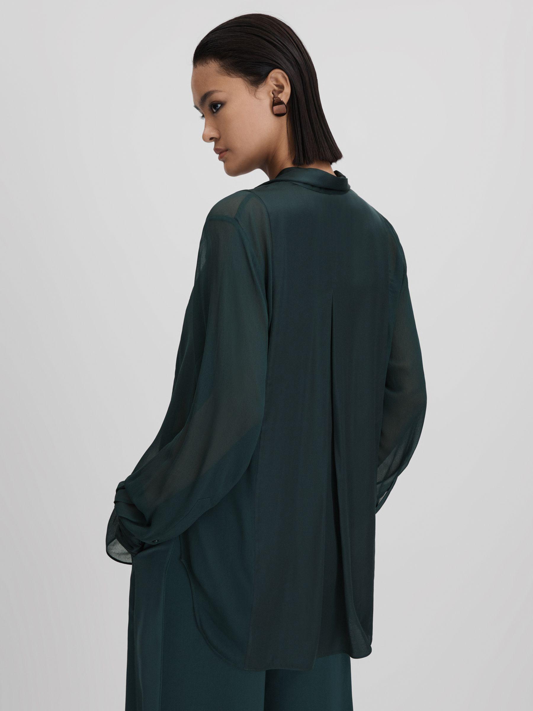 Semi Sheer Satin Tie Neck Blouse in Green Product Image