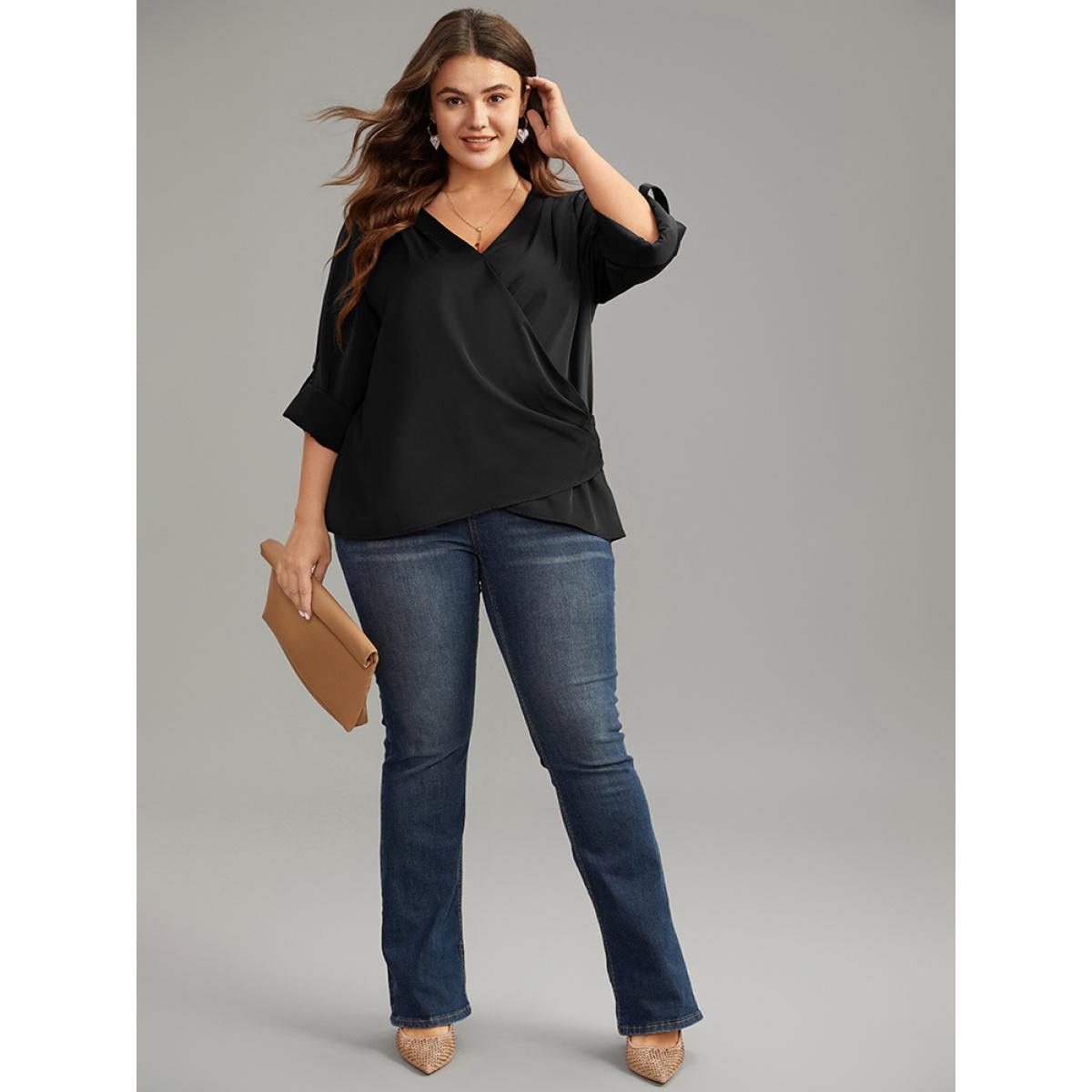 Plus Size Black Plain Tab Sleeve Wrap Pleated Blouse Women Work From Home Long Sleeve V-neck Office Blouses BloomChic 26/4X Product Image