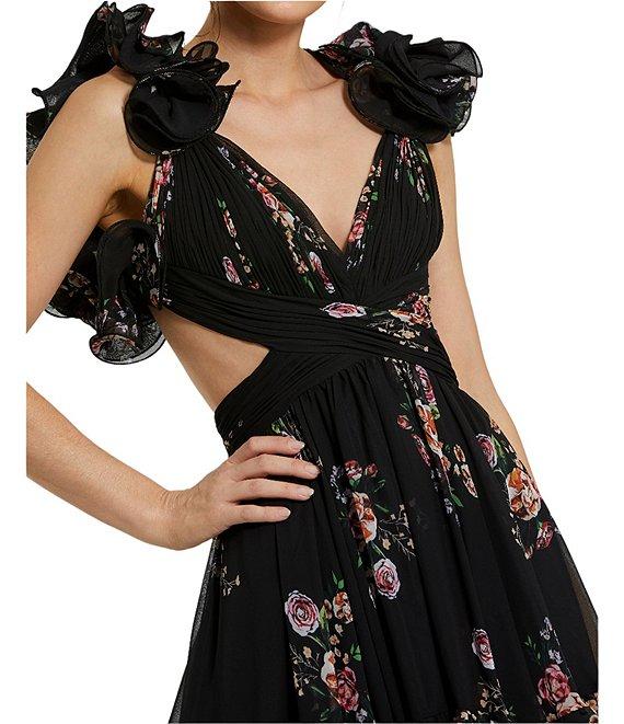 Mac Duggal V-neck Ruffle Shoulder Cut Out Tiered Hem Aline Midi Dress Product Image